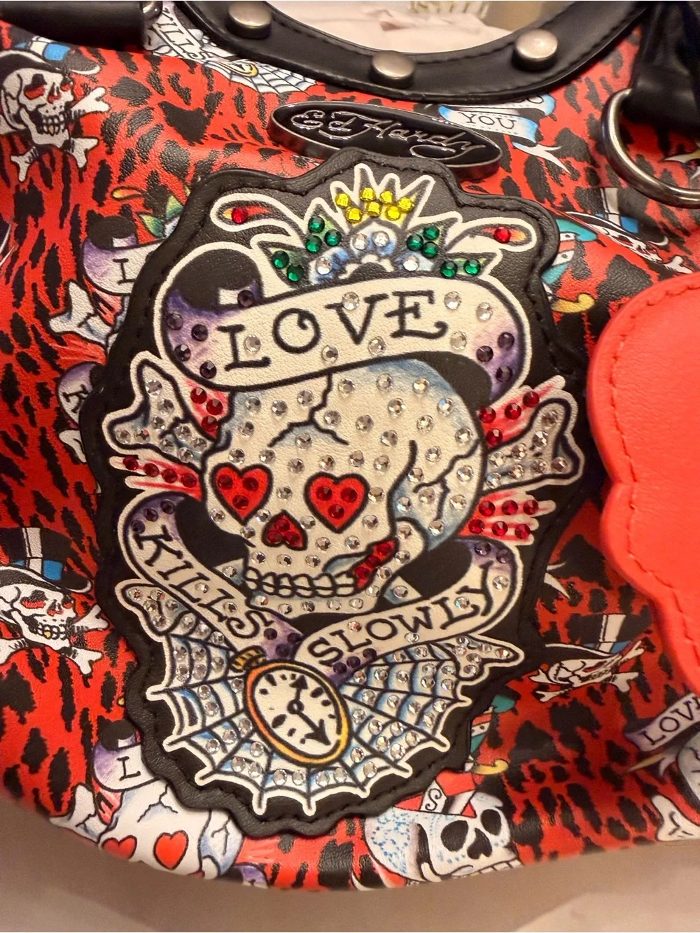 Red Skull Print Tote Bag with Heart Motif